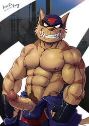 anthro bodily_fluids cat chance_furlong clothing domestic_cat felid feline hanna-barbera humanoid_penis kenzofong legwear male male_only mammal muscular muscular_male nipples pecs penis solo swat_kats sweat tights