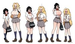 2016 2girls alternate_breast_size attribute_swap attribute_theft big_breasts black_hair blackshirtboy bleach blonde_hair breast_expansion button_down_shirt button_gap buttons cleavage commission digital_media_(artwork) female female_focus female_only growth_sequence hi_res high_resolution highres human human_only kuchiki_rukia matsumoto_rangiku not_furry not_furry_focus popping_buttons school_uniform signature simple_background small_breasts smile transformation white_background