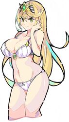 1girls bangs bikini blonde_hair blush bow bow_panties bra breasts collarbone earrings enpe gem headpiece highres jewelry large_breasts long_hair looking_at_viewer mythra_(xenoblade) navel nintendo panties simple_background solo swept_bangs swimsuit tiara underwear underwear_only very_long_hair white_bra white_panties xenoblade_(series) xenoblade_chronicles_2 yellow_eyes