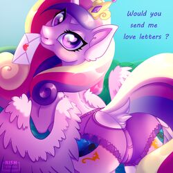 1girls 2019 alicorn ass cutie_mark english_text equine female feral friendship_is_magic furry heart heart-shaped_pupils horn horse long_hair looking_back love_letter multicolored_hair my_little_pony panties pony presenting princess_cadance_(mlp) purple_eyes pussy rish see-through_panties signature smiling smiling_at_viewer solo striped-chocolate symbol-shaped_pupils tail text wings