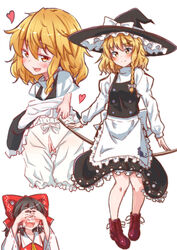 2girls black_hair blonde_hair bloomers bloomers_(victorian) blush braid broom broom_riding covering_eyes embarrassed eyebrows_visible_through_hair frills hair_ornament hair_ribbon hat heart highres looking_at_viewer marisa_kirisame mukkushi multiple_girls naughty_face open_mouth reimu_hakurei ribbon shiny shiny_hair short_hair simple_background smile touhou underwear wavy_mouth white_background witch witch_hat yellow_eyes