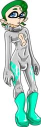 1boy 2019 blue_eyes boots bulge collar digital_media_(artwork) earrings green_hair inkling latex latex_boots latex_suit looking_at_viewer male male_only nipples shennanigma solo splatoon standing transparent_background