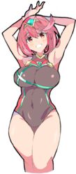 1girls arms_up arms_up_pose bangs breasts commentary_request competition_swimsuit covered_navel enpe hair_ornament headpiece highres jewelry large_breasts looking_at_viewer nintendo one-piece_swimsuit open_mouth pose pyra_(xenoblade) red_eyes red_hair short_hair sidelocks simple_background sketch smile solo swept_bangs swimsuit thick_thighs thighs tiara white_background xenoblade_(series) xenoblade_chronicles_2