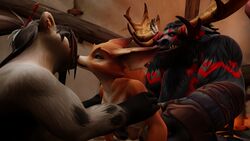 16:9 3d_(artwork) 4k absurd_res anthro blizzard_entertainment bovid bovine canid canine digital_media_(artwork) faye_(warcraft) female female/female group hair herzseele hi_res kissing male mammal nude pandaren sex straight tauren ursid video_games vulpera warcraft