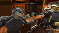 1girls 3boys 3d anthro arm_band arm_bands bangblockadock clothed clothed_female clothed_male desk english_text female garry's_mod group hotel instagram male multiple_boys pose reptile scalie snake snapchat text