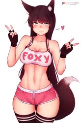 1girls absolute_territory animal_ear_fluff animal_ears bluefield breasts cameltoe cleavage dipstick_tail drawstring_bottomwear female female_only fingerless_gloves fit fluffy_ears fluffy_tail fox fox_girl fox_tail gesture hazel_eyes long_hair looking_at_viewer midriff navel patreon_logo patreon_url pink_shorts shorts smile solo spoken_heart striped_legwear tail tank_top thigh_gap thighhighs twitter_username v white_background