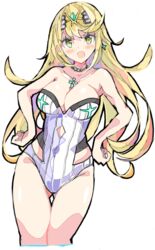 1girls angry armpits bangs bare_shoulders blonde_hair blush breasts cleavage cute enpe eye_contact gem highres jewelry large_breasts long_hair looking_at_viewer mythra_(xenoblade) nintendo one-piece_swimsuit open_mouth pose shiny shiny_skin simple_background sketch solo swimsuit thick_thighs thigh_gap thighs tsundere very_long_hair white_background wide_hips xenoblade_(series) xenoblade_chronicles_2 yellow_eyes