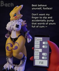 2019 3d anthro bacn big_breasts blue_eyes blush bondage bound breasts canid canine chains dialogue digimon digimon_(species) duo english_text female fingers fox fur imp impmon invalid_tag mammal nipple_tape pasties phone renamon renamon_(bacn) tape text