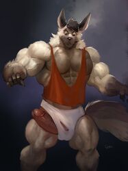 abs anthro better_version_at_source biceps big_muscles canid canine canis clothing erection fur goroguro hi_res huge_muscles humanoid_penis looking_down male male_only mammal muscular muscular_male pecs penis penis_through_leghole poking_out shirt solo tank_top topwear torn_clothing veiny_muscles white_fur wolf