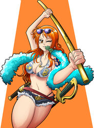 1girls breasts clima-tact denim denim_shorts diogocidades1 female female_only gun money nami one_eye_closed one_piece orange_hair short_shorts sunglasses sunglasses_on_head sword tattoo thighs wink