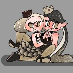 2girls alternate_costume apocalypse black_hair blush breasts callie_(splatoon) clothing crown dress duo earrings fangs final_fest gloves light light_skin long_hair looking_at_viewer lying_on_back lying_on_person multiple_girls pearl_(splatoon) shoes short_hair simple_background smiling sookainkasumi spanking spikes splatfest splatoon splatoon_2 spread_legs suction_cups team_chaos tentacle_hair white_hair yuri