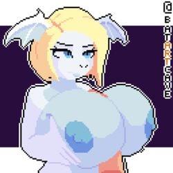 1boy 1girls alpha_channel animated anthro areolae batartcave between_breasts big_breasts blonde_hair blue_eyes blue_nipples blue_skin bodily_fluids bouncing_breasts breast_grab breast_squish breasts cum cum_in_eye cum_on_face cumshot digital_media_(artwork) disembodied_penis dragon ejaculation eyelashes facial female genital_fluids hair half-closed_eyes holding huge_breasts looking_away male nipples one_eye_closed orgasm paizuri penis pixel_art purple_background scalie short_hair text transparent_background watermark white_border white_outline wings