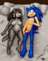 2015 after_sex anthro balls bed blue_fur blush bodily_fluids breasts brown_hair canid canine canis cum duo eyewear female fur genital_fluids glasses grey_fur hair humanoid_penis lying male mammal navel nipples nude on_back penis pillow pussy sonic_(series) sonic_the_hedgehog straight the_roop vkyrie wolf yellow_eyes