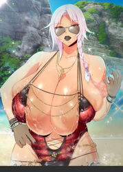 1girls areolae aviator_sunglasses beach beauty_mark black_border black_lipstick breasts breasts_bigger_than_head breasts_bigger_than_torso bursting_breasts chubby cleavage_overflow clothed eye_contact fishnets gloves half-closed_eyes hand_on_hip huge_breasts inverted_nipples jewelry kun_in'ye lactation large_areolae lipstick long_hair looking_at_viewer looking_over_eyewear looking_over_glasses looking_over_sunglasses mole mouth_hold mucc nipples nipslip outdoors overflowing_breasts plump pose revealing_clothes solo sparkle sunglasses super_robot_wars super_robot_wars_x-omega sweat swimsuit thick_thighs tinted_eyewear uncontainable_breasts venus_body voluptuous wet wide_hips