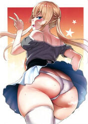 1girls :d absurdres ass ass_cleavage back bare_shoulders blonde_hair blue_eyes blush breasts butt_crack cowboy_shot curvaceous curvy eye_contact female from_behind half-closed_eyes heavy_breathing high_resolution highres hinnyuu-chan_(iku) huge_ass iku_(ikuchan_kaoru) long_hair looking_at_viewer nape oerba_yun_fang off_shoulder open_mouth original panchira panties pantsu photoshop_(medium) pleated_skirt posterior_cleavage pubic_hair pubic_hair_peek scan shirt short_sleeves sidelocks simple_background skindentation skirt small_breasts smell smile solo source_request star star_(symbol) steam striped striped_shirt sweat thick_thighs thighhighs thighs tied_hair tsurime twintails underwear upskirt v very_high_resolution wet white_background white_legwear white_panties white_skirt white_underwear wide_hips wind wind_lift windy_skirt