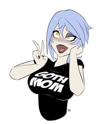 ahe_gao ahegao anti-aqua aqua_(kingdom_hearts) black_fingernails black_lipstick blue_hair blush disney enemy_conversion female goth goth_clothing kingdom_hearts large_breasts peace_sign rolrae solo square_enix v v_sign yellow_eyes