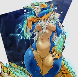 2019 anthro areola avante92 breasts capcom chest_tuft digital_media_(artwork) electricity fanged_wyvern female hi_res huge_hips monster_hunter nipples nude pussy solo tuft video_games wet wide_hips zinogre