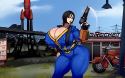 1girls absurdres areolae ass ber00 black_hair bodysuit breasts bulge bursting_breasts cleavage cleavage_window clothed computer electronics eye_contact fallout fallout_4 female female_only firearm gun half-closed_eyes handgun highres huge_ass huge_breasts human hyper hyper_breasts large_areolae light-skinned_female light_skin lips looking_at_viewer motorcycle nipples original_character outdoors pip-boy pose puffy_nipples revolver short_hair solo text thick_thighs thigh_gap tight_clothing vault_dweller vault_girl vault_meat vault_suit weapon wide_hips wristwear zipper zipper_pull_tab