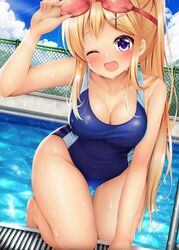 1girls ;d arm_support arm_up bangs bare_shoulders blonde_hair blue_sky blue_swimsuit blush breasts cleavage cloud competition_swimsuit fence groin hair_ornament hairclip kin-iro_mosaic kujou_karen long_hair one-piece_swimsuit one_eye_closed open_mouth outside pool purple_eyes sidelocks sky smile swimsuit thigh_gap thighs very_long_hair water wet