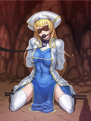 blindfold blonde_hair blue_dress blue_eyes blush bondage boots breasts dress gag gagged gloves goblin_slayer hair_ornament hairbow half-closed_eye handcuffs hat kneeling legcuffs long_hair long_sleeves looking_at_viewer lycra_(artist) mouth_gag priestess_(goblin_slayer) thigh_boots white_dress white_headwear