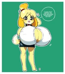 1girls alternate_breast_size animal_crossing anthro breast_expansion breasts bursting_breasts cat_bell cleavage cute cute_fang female female_only full_body hyper_breasts isabelle_(animal_crossing) looking_at_viewer neoteny nintendo pencil_skirt shortstack sidelocks skirt small_but_busty solo speech_bubble thehelmetguy tied_hair