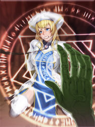 blonde_hair blue_dress blue_eyes blush bondage boots breasts dress drooling female gloves goblin goblin_male goblin_slayer hair_ornament hairbow half-closed_eye hand handcuffs hat leash legcuffs long_hair long_sleeves looking_at_viewer lycra_(artist) magic mind_control on_knees open_mouth priestess_(goblin_slayer) scared thigh_boots white_dress white_headwear