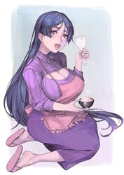 1girls alternate_breast_size apron bangs bow bowl breasts cleavage cleavage_cutout clothed curvy eye_contact fate/grand_order fate_(series) feet half-closed_eyes holding housewife huge_breasts large_breasts long_hair looking_at_viewer milf minamoto_no_raikou_(fate/grand_order) open_mouth parted_bangs purple_eyes purple_hair purple_skirt purple_sweater ribbed_sweater rice seiza slippers soles sweater very_long_hair wide_hips