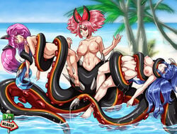 3girls 7th-heaven areolae artist_name ass barbary big_breasts blonde_hair blue_hair breasts cleo_(dragalia_lost) closed_eyes dragalia_lost estelle_(dragalia_lost) eye_patch female female_only interspecies monster_girl multiple_girls nipples nude octopus_girl palm_tree pink_hair pussy scylla scylla_(dragalia_lost) tentacle twintails video_games water watermark