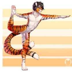 2019 2_tails anthro balls black_fur black_sclera cute_fangs digitigrade felid flaccid fur hair humanoid_penis male male_only mammal multi_tail nude orange_fur pantherine pawpads penis pink_pawpads pose simple_background smile solo stripes tiger tigerinspace white_fur yellow_eyes yoga