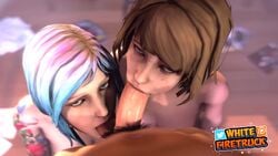 1boy 1male 2girls 3d animated ball_sucking balls blowjob chloe_price collaborative_fellatio fellatio female life_is_strange male max_caulfield multiple_girls sfm sound tagme teamwork video whitefiretruck