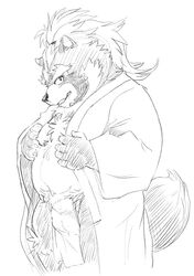 2019 anthro belly bulge canid canine clothing goemon_(tokyo_afterschool_summoners) humanoid_hands hysk male male_only mammal moobs overweight overweight_male raccoon_dog robe simple_background solo tanuki tokyo_afterschool_summoners underwear video_games white_background