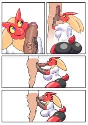 1boy 1girls 2019 abs anthro ball_suck blaziken bottomless clothed clothing comic fellatio female hi_res huge_ass huge_penis human human_on_anthro interspecies male mammal muscular muscular_female nintendo oral original_character penis penis_on_face poképhilia pokemon pokemon_(species) pokemon_rse simple_background squatting sucking testicles thugji3 video_games