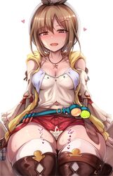 1boy 1girls atelier_(series) atelier_ryza belt blush breasts brown_eyes brown_hair cum ejaculation female female_focus hair_ornament hairclip hat highres jewelry looking_at_viewer navel necklace nude open_mouth red_shorts reisalin_stout shimo_(depthbomb) short_hair short_shorts shorts smile solo_focus star straight thigh_sex thighhighs thighs white_headwear