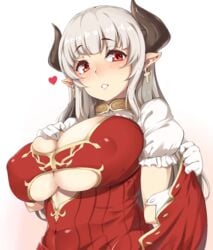 alicia_(granblue_fantasy) bangs blunt_bangs blush demon_girl demon_horns draph dress earrings fully_clothed gigantic_breasts gloves granblue_fantasy heart horns large_breasts long_hair looking_at_viewer moisture_(chichi) open_mouth pointy_ears red_eyes silver_hair simple_background solo