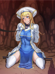 blonde_hair blue_dress blue_eyes blush bondage boots breasts dress gloves goblin_slayer hair_ornament hairbow half-closed_eye handcuffs hat legcuffs long_hair long_sleeves looking_at_viewer lycra_(artist) open_mouth priestess_(goblin_slayer) thigh_boots white_dress white_headwear