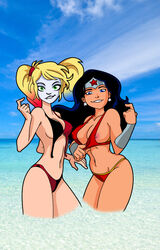 batman_(series) beach big_breasts bikini bikini_pull biting_lip bracers breasts come_hither dc dc_comics diana_prince facepaint harley_quinn hopethishelps looking_at_viewer ocean tiara untied_bikini wonder_woman wonder_woman_(series)