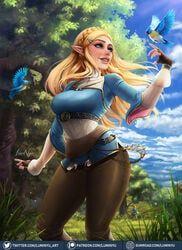 1girls 2019 birds blonde_female blonde_hair blue_eyes blue_sparrow breasts breath_of_the_wild champion's_tunic clothed cute demigoddess female hartman_hips hylian hylian_trousers link link_(breath_of_the_wild) long_ears long_hair luminyu male_in_background nature nintendo pointy_ears princess_zelda smile smiling solo solo_focus the_legend_of_zelda video_game video_game_character video_games zelda_(breath_of_the_wild)