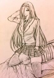 clothed facesitting femdom long_hair monochrome neriaisu one_eye_covered pencil_(artwork) school_uniform sketch skirt smile stockings thighhighs tied traditional_media_(artwork)