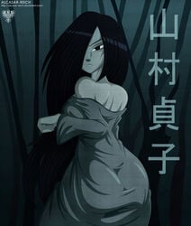 1girls alcasar-reich ass back bare_shoulders big_ass big_breasts black_eyes black_hair breasts clothed clothes clothing deviantart dress eye_contact female female_only frown ghost ghost_girl grey_background grey_skin hair_over_one_eye half-closed_eyes large_breasts long_hair looking_at_viewer looking_back no_bra off_shoulder outdoors pale_skin presenting_hindquarters sideboob solo standing teeth text the_ring thick_thighs url very_long_hair watermark wide_hips yamamura_sadako