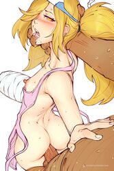 1boy 1girls ambiguous_penetration areolae ass bbc-chan binbougami_ga! blonde_hair blush breasts cast erect_nipples erection female flat_chest from_behind head_grab looking_at_viewer looking_back male momiji_(binbougami_ga!) naked_apron nipples open_mouth penis pov rough_sex sex size_difference small_breasts straight sweat twintails