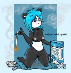 advertisement ashtray blue_eyes blue_hair breasts cigarette cigarette_pack cigarettes female female_only furry monet_(psyco) nipples nude original original_character panda pose posing psycodraws pussy small_breasts smoke smoking smoking_fetish text young younger_female