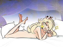 1girls ass bed bed_sheet blonde_hair breasts crown curtains earrings feet feet_up female female_only full_body hair_over_one_eye half-closed_eyes long_hair looking_at_viewer lying lying_down mario_(series) nail_polish nintendo nude on_stomach pillow princess_rosalina smile solo teeth themrock wand