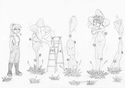 2011 5girls aroused carnivorous_plant clothing drool drooling farm feeding feeding_time female female_only female_prey flower flowers gasp gulp human human_only ladder long_hair maximignon_(scaylid00d) nude open_mouth original overalls panting plant plant_vore ponytail short_hair shovel sketch story_in_description strain swallow tagme traditional_media_(artwork) vore