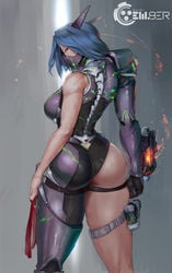 1girls absurdres arm_at_side ass blue_eyes blue_hair breasts cutesexyrobutts cybernetic_parts cybernetics cyborg female female_only from_behind gun highres looking_at_viewer looking_back mechanical_parts medium_breasts original paid_reward patreon_reward short_hair solo thick_thighs thighs weapon