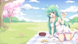 cake cloud dress feet_out_of_frame flower grass green_eyes green_hair long_hair mascot nyatrix outdoors picnic rule_34-tan site-tan sky smile tree website_mascot wholesome