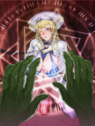 big_balls big_penis blonde_hair blue_dress blush boots bra breasts dickgirl dress futanari gloves goblin_slayer hair_ornament hairbow half-closed_eye handcuffs hands hat huge_balls huge_cock intersex legcuffs long_hair long_sleeves looking_at_viewer lycra_(artist) open_mouth penis pink_eyes precum priestess_(goblin_slayer) thigh_boots white_dress white_headwear