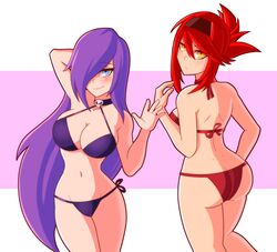 2girls arm_behind_head ass bikini blue_eyes blush breasts chemical_bro cleavage dirtykuro kuro_(foxykuro) large_breasts looking_at_viewer looking_back mole mole_under_eye navel orange_eyes purple_hair red_hair thighs wide_hips yuki_(foxykuro)