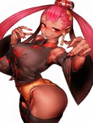 1girls ass blush breasts cleavage clothed dark-skinned_female dark_skin erect_nipples eye_contact female female_only fumio_(rsqkr) half-closed_eyes looking_at_viewer nipples npc_trainer pokemon pokemon_masters punk_girl_(pokemon) punk_girl_(pokemon_masters) red_hair ribs sharp_teeth solo thick_thighs thighhighs twintails wide_hips