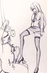 bdsm blindfold bondage clothed_female_nude_male femdom high_heels long_hair looking_down milking miniskirt monochrome monster neriaisu orc pencil_(artwork) penis reverse_bullying smile stepping_on_penis stockings testicles thighhighs tied traditional_media_(artwork) trampling white_background