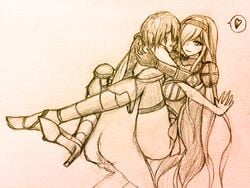 armor armored_boots armored_dress clothed_female_nude_male clothed_sex femdom heart high_heels hugging leg_lock long_hair monochrome neriaisu one_eye_covered pencil_(artwork) sex smile thighhighs traditional_media_(artwork) white_background